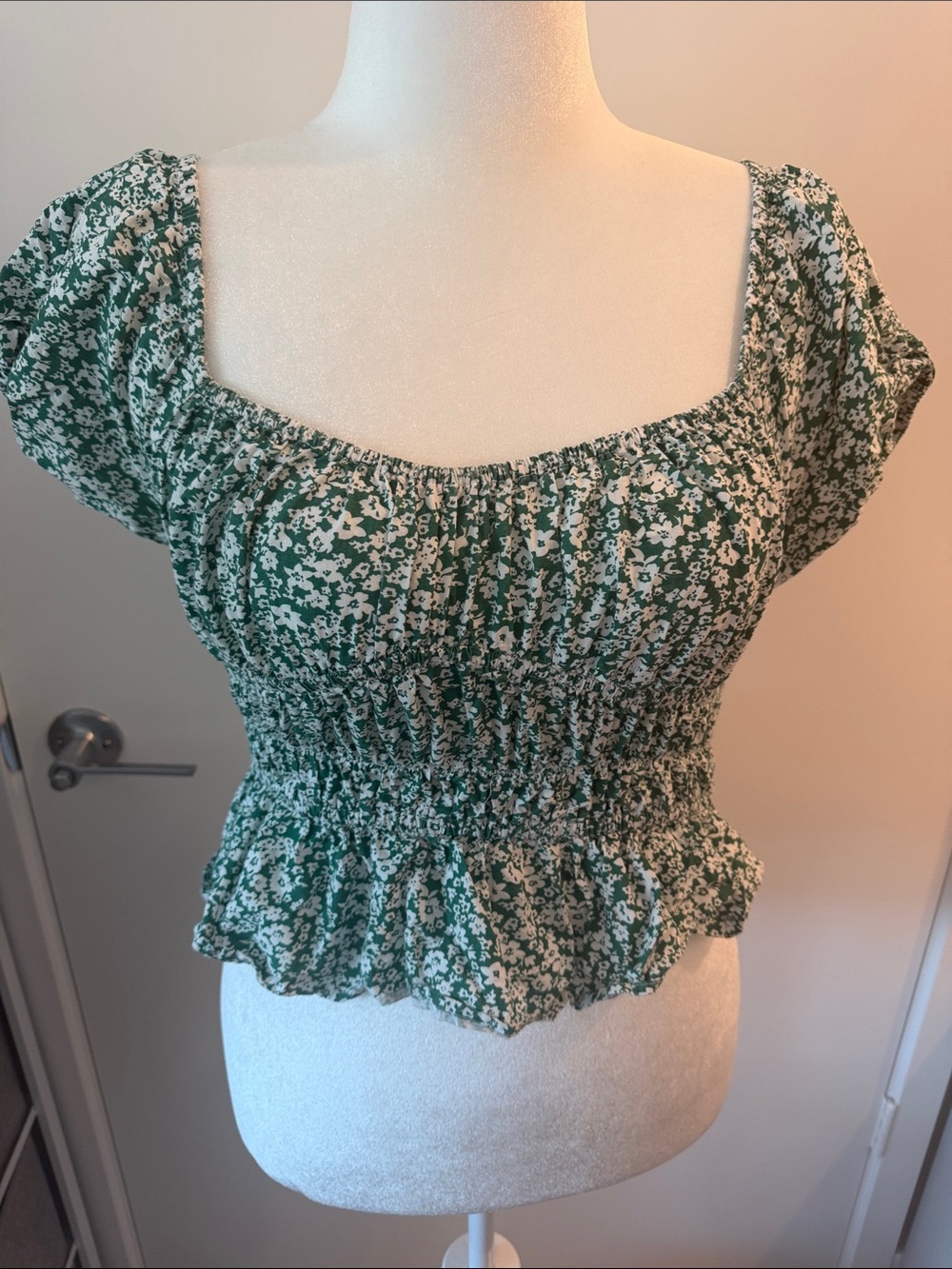 Green Floral Square-Neck Smocked Crop Top